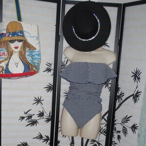 Kona Sol Blue and White Gingham One Piece Swimsuit with Ruffle Detail
